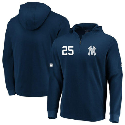 Men's New York Yankees Gleyber Torres Majestic Navy Collection Batting Practice Waffle Quarter-Zip Hoodie