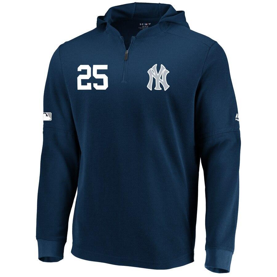 Men's New York Yankees Gleyber Torres Majestic Navy Collection Batting Practice Waffle Quarter-Zip Hoodie