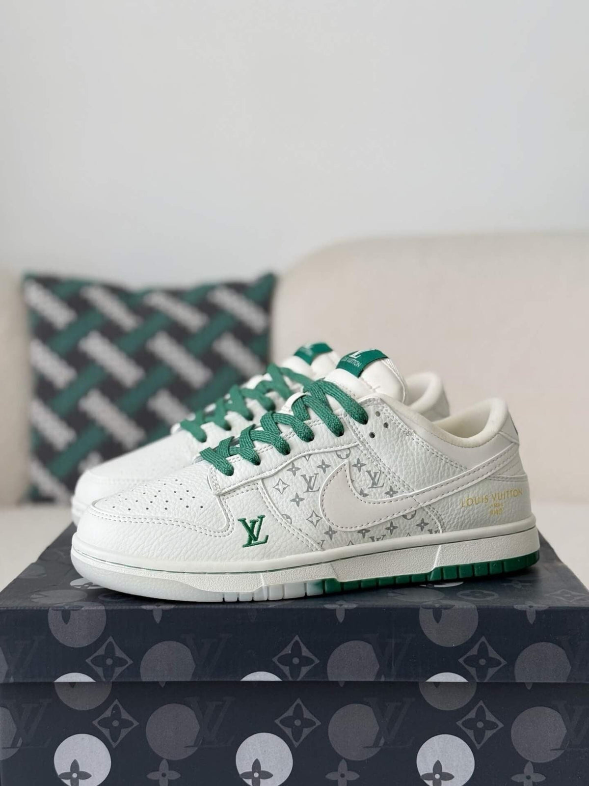 x Nike Dunk Low Sneaker in White and Green Monogram Canvas