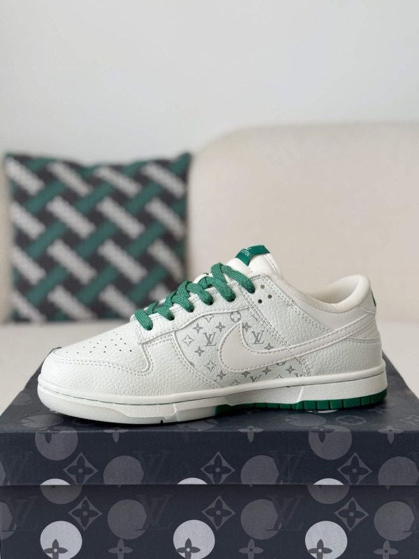x Nike Dunk Low Sneaker in White and Green Monogram Canvas