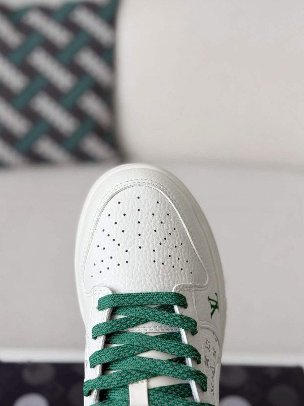 x Nike Dunk Low Sneaker in White and Green Monogram Canvas