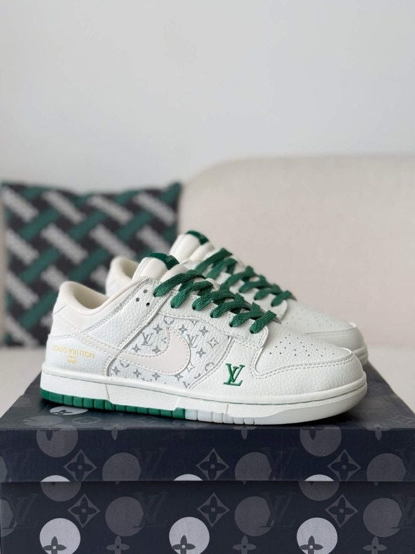x Nike Dunk Low Sneaker in White and Green Monogram Canvas