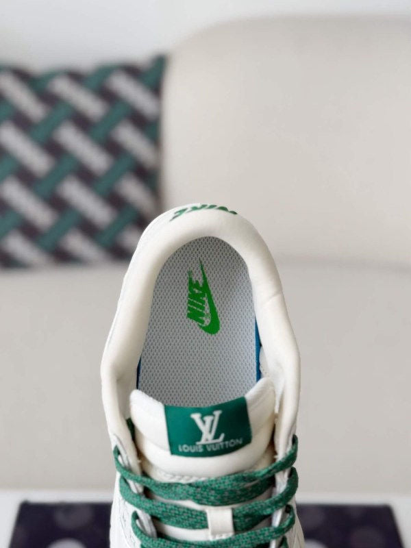 x Nike Dunk Low Sneaker in White and Green Monogram Canvas
