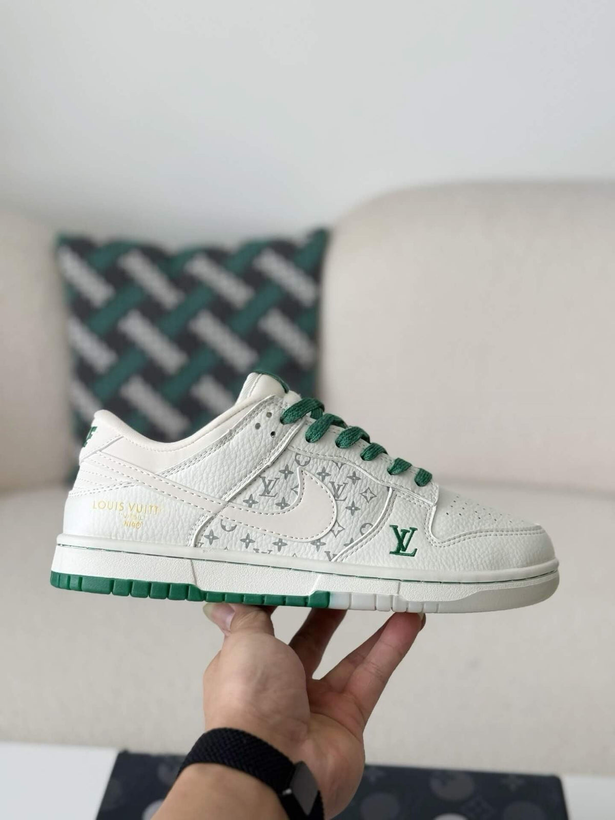 x Nike Dunk Low Sneaker in White and Green Monogram Canvas