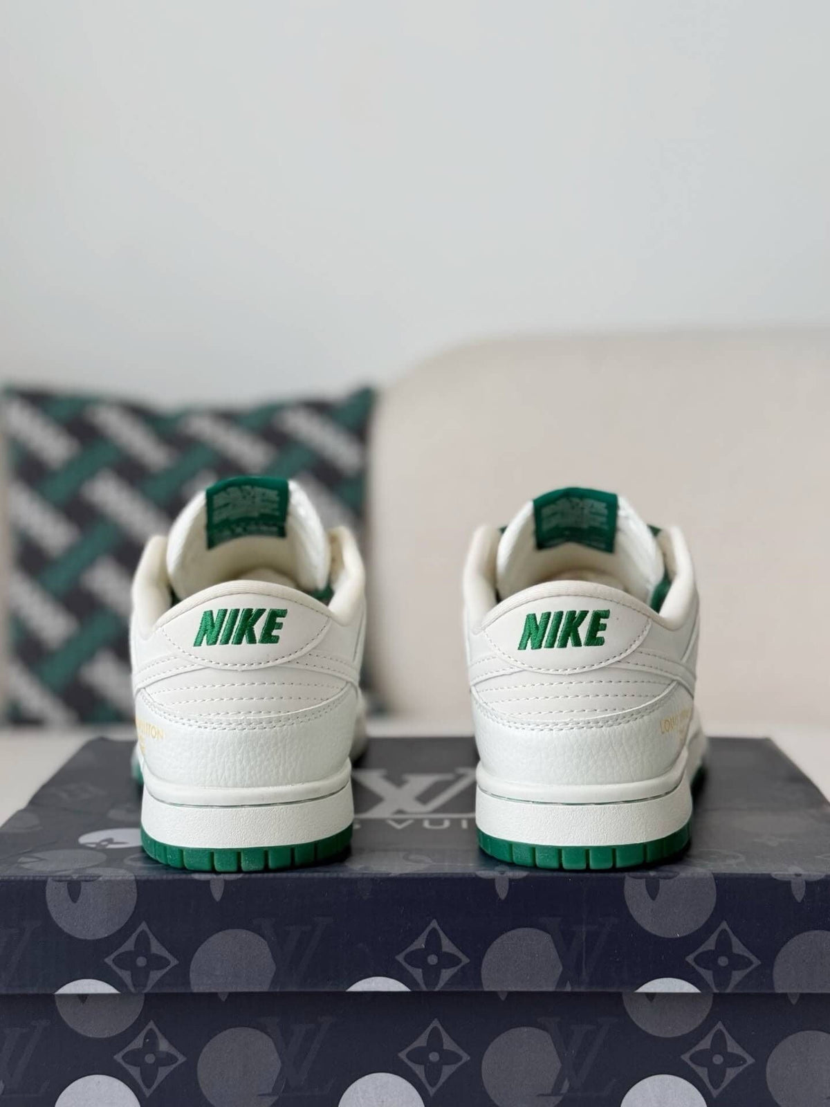 x Nike Dunk Low Sneaker in White and Green Monogram Canvas
