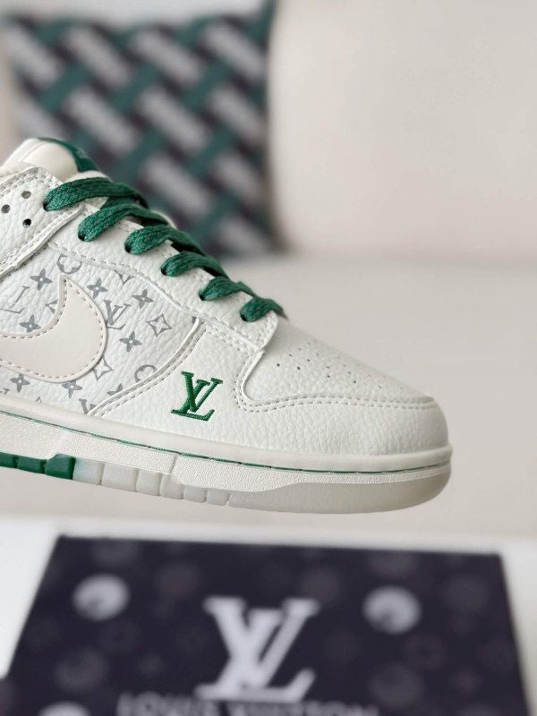 x Nike Dunk Low Sneaker in White and Green Monogram Canvas